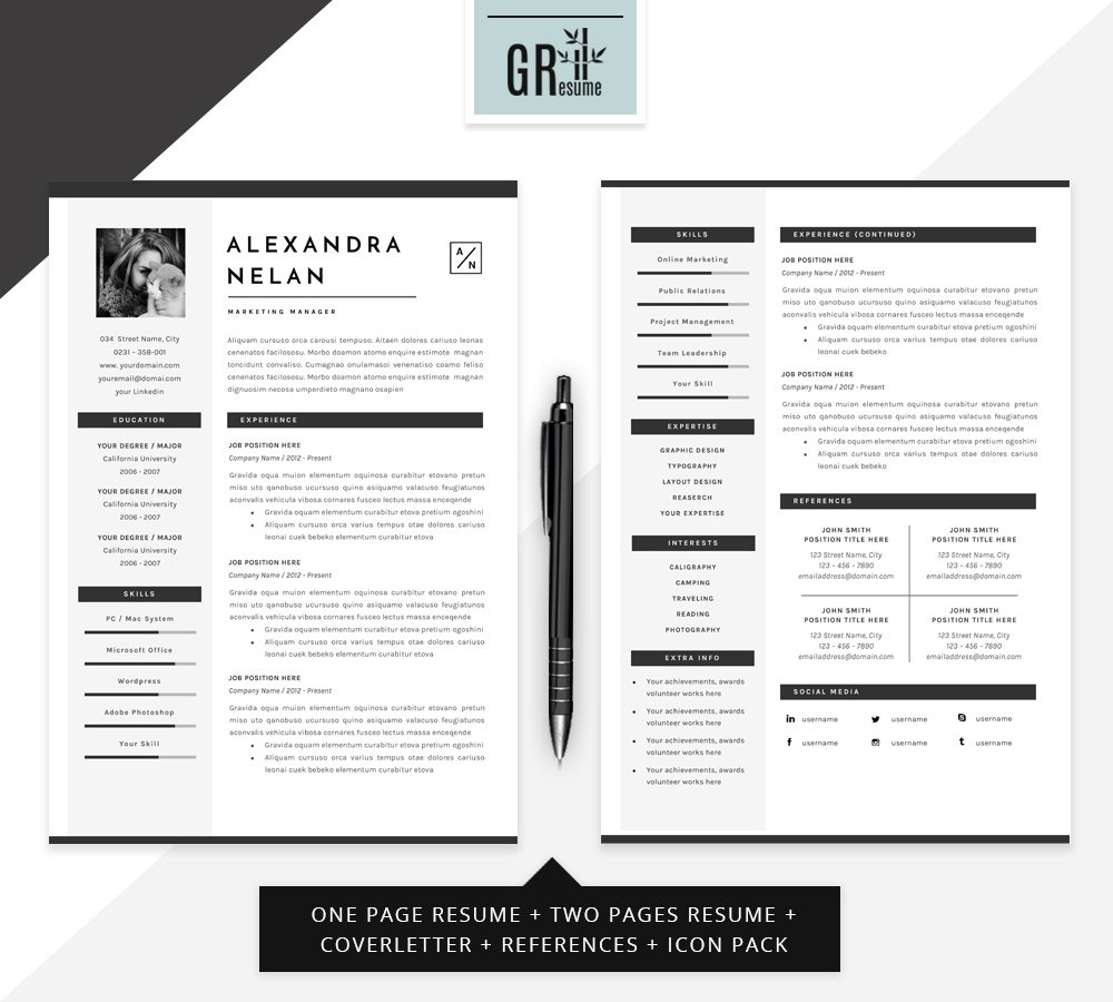 Professional resume template with a black and white background.