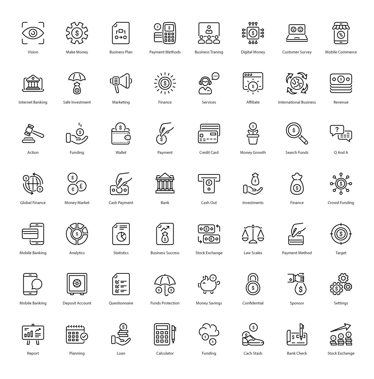 Finance 56 thin line icons preview image.