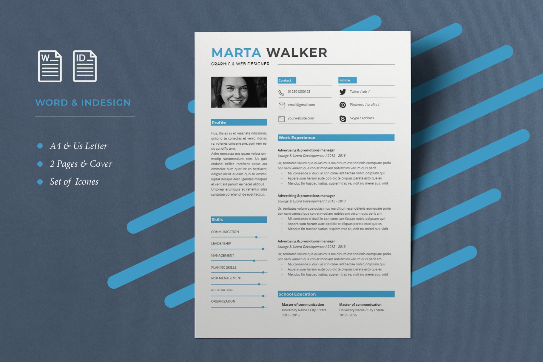 Blue and white resume on a blue background.
