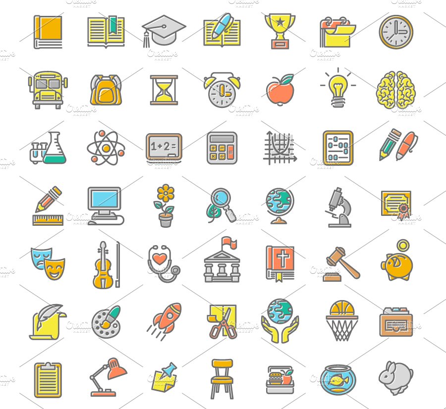 Flat Linear School Subjects Icons preview image.