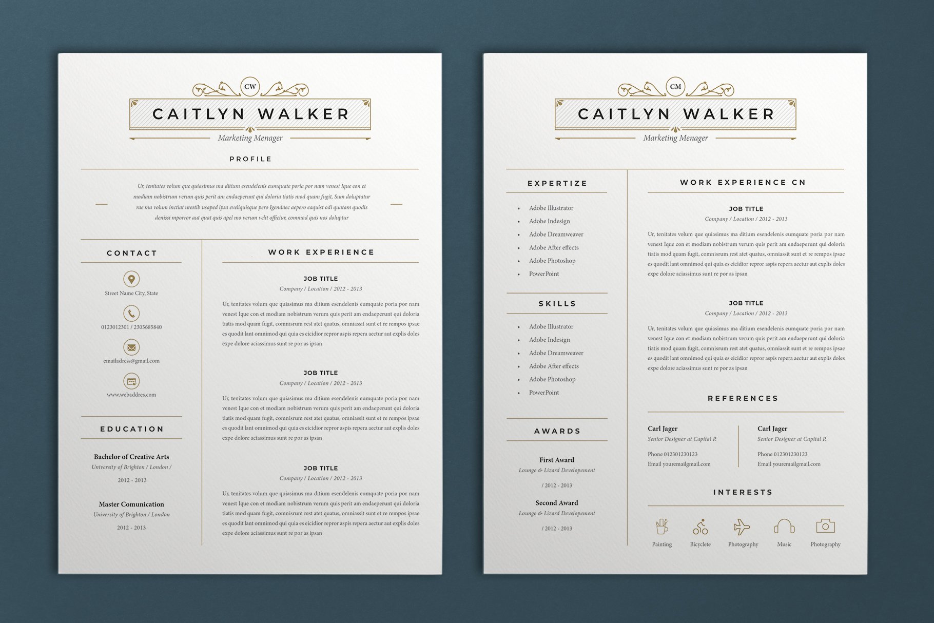 Two white resumes with gold accents on them.
