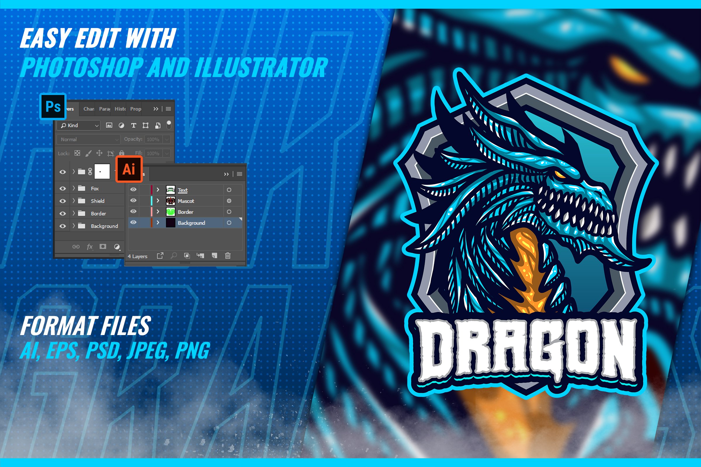 Blue Dragon - Mascot Esport Logo Tem preview image.