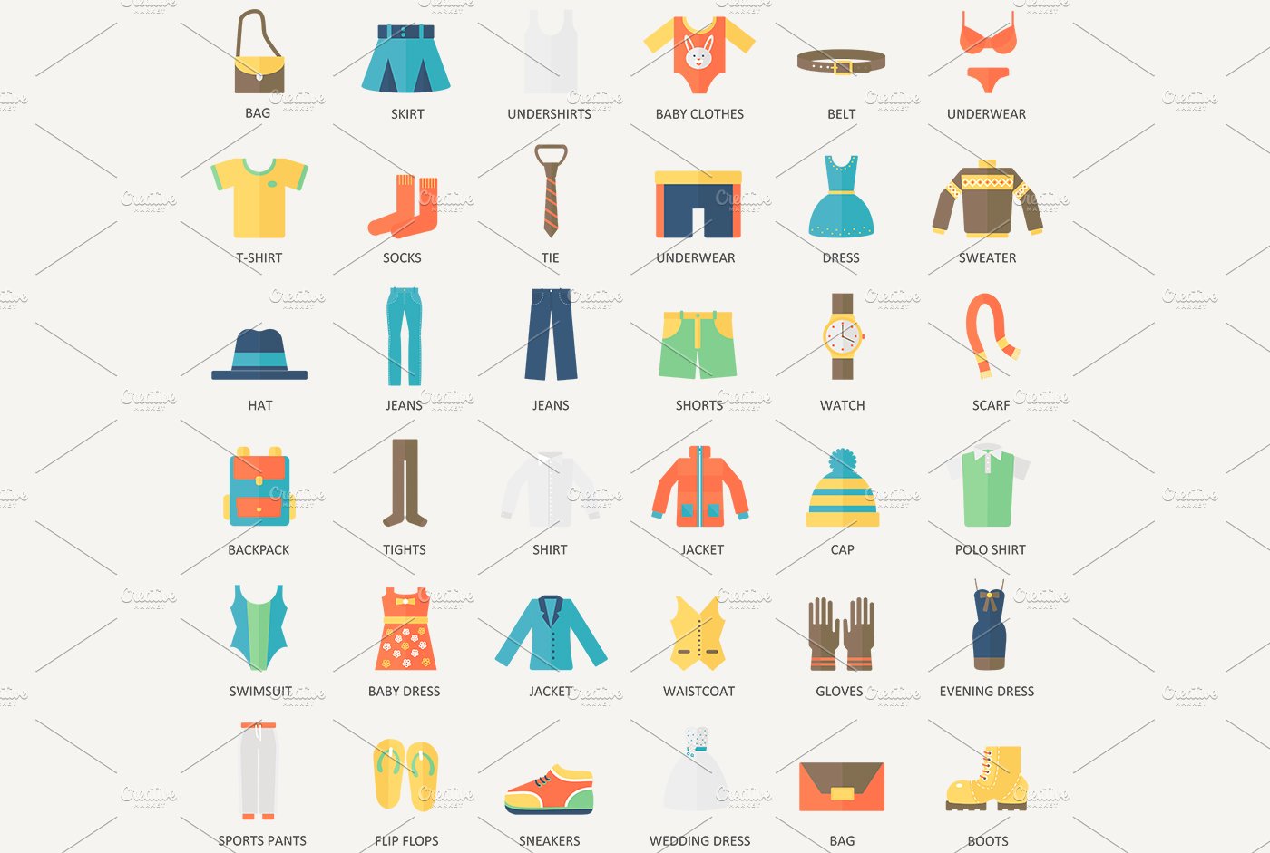 36 Clothes flat icons set. preview image.