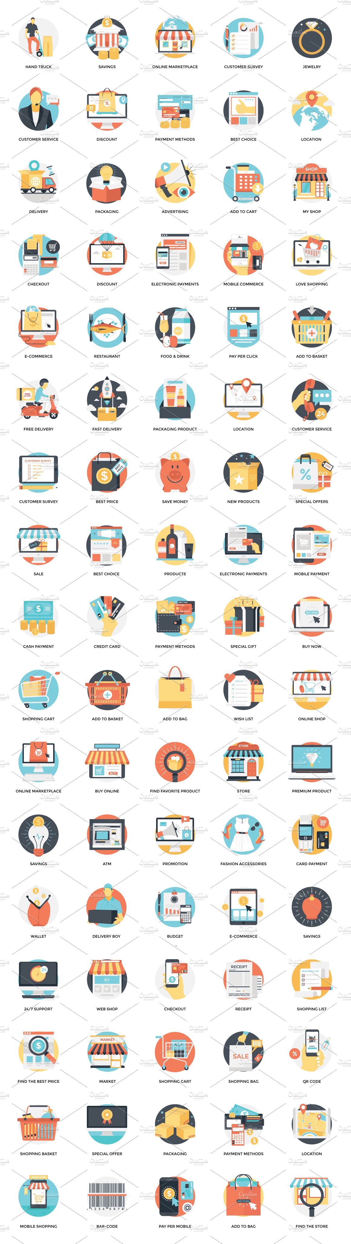 85 Flat Shopping Vector Icons preview image.