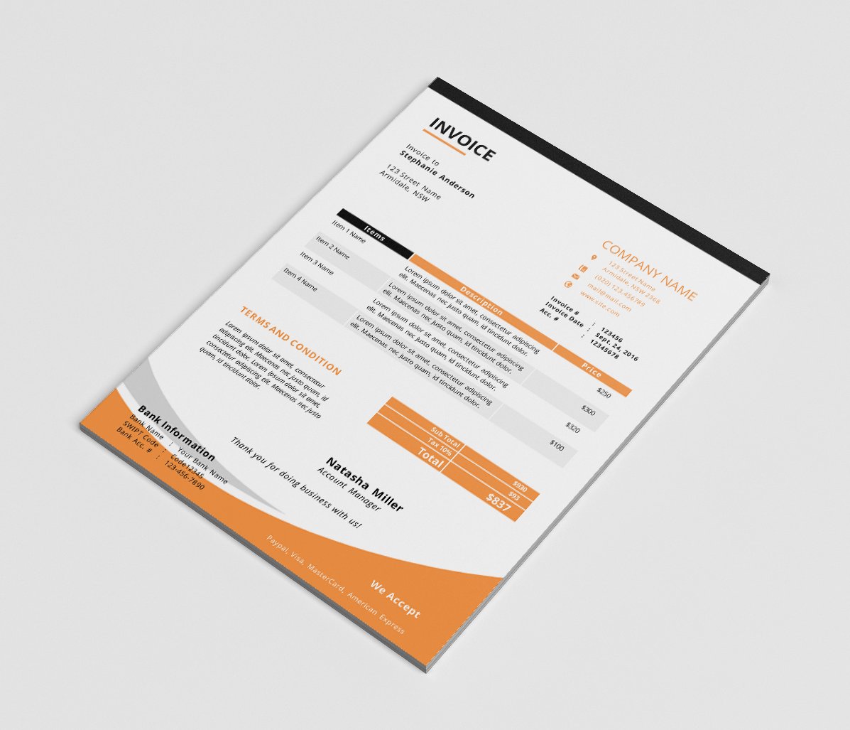MS Word corporate invoice template preview image.