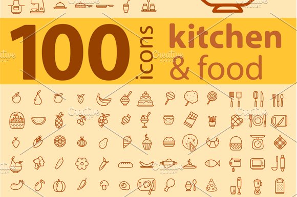 Set of 100 kitchen icons. preview image.