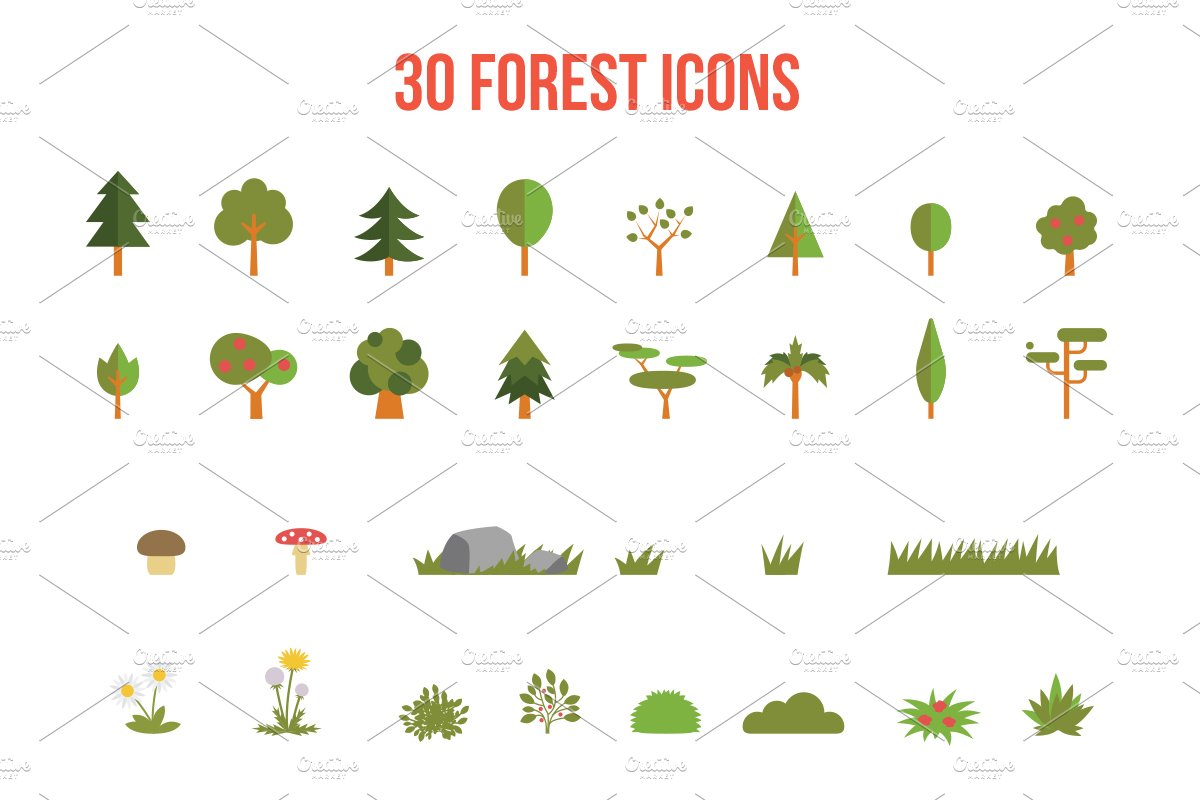 Flat tree & nature icon set preview image.