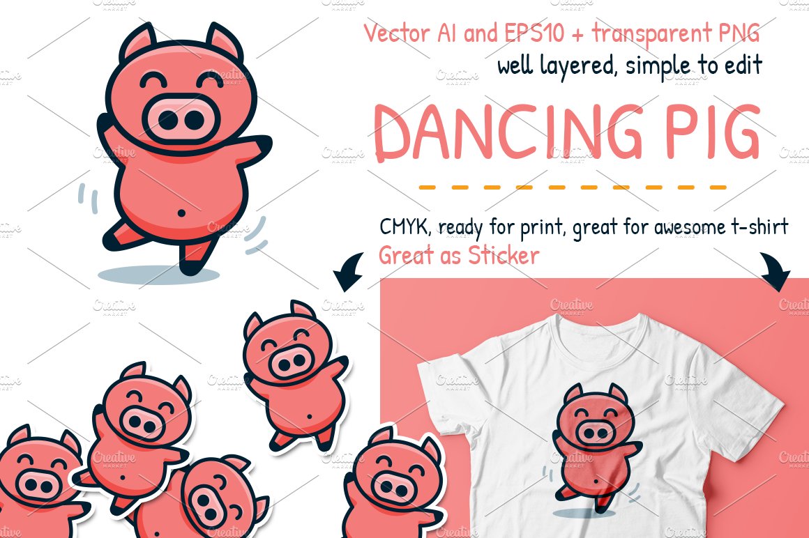 Dancing Pig Vector Logo Mascot preview image.