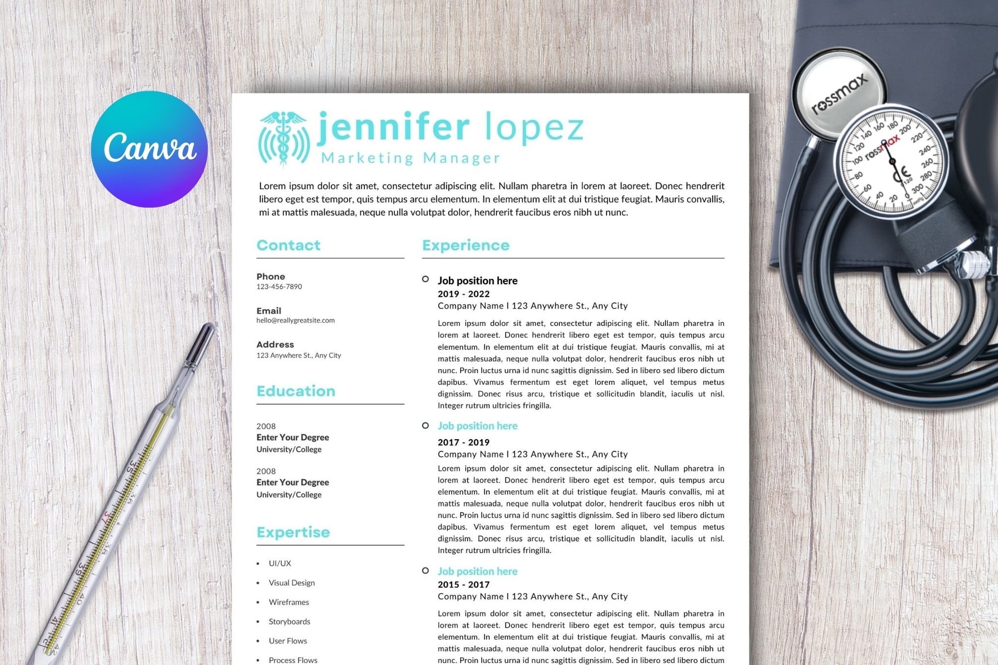 Doctor resume with a stethoscope and a stethoscope.