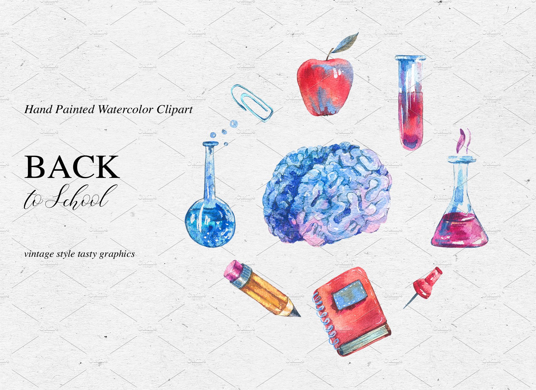 Back to school, watercolor kit preview image.