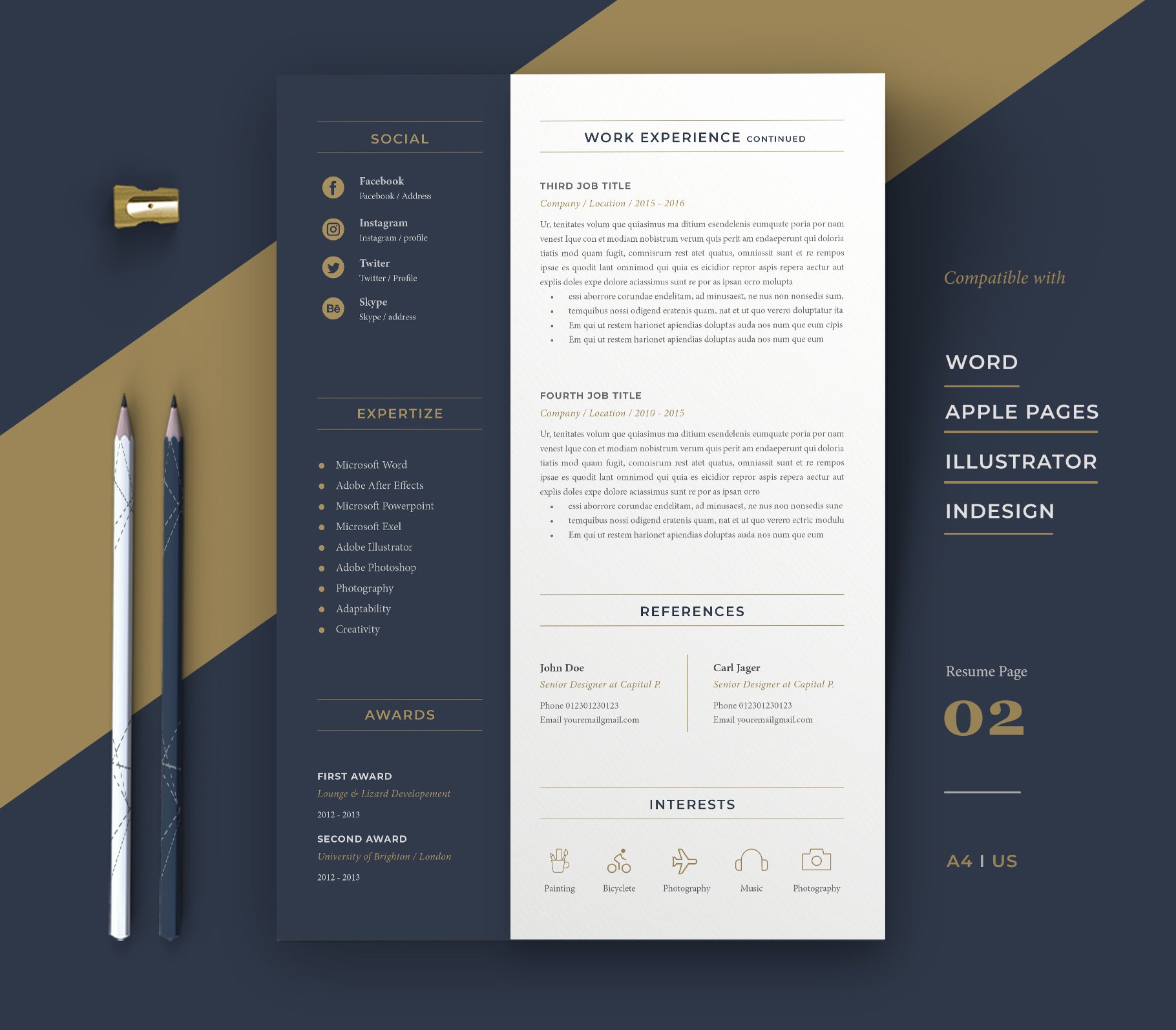 Professional resume template with a blue and gold color scheme.