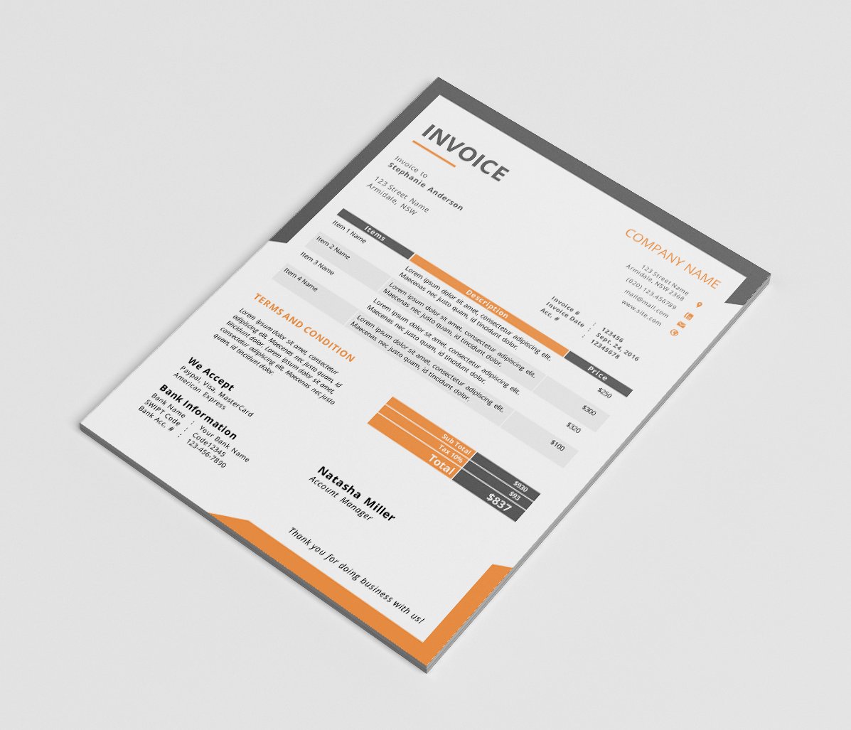 MS Word business invoice template preview image.