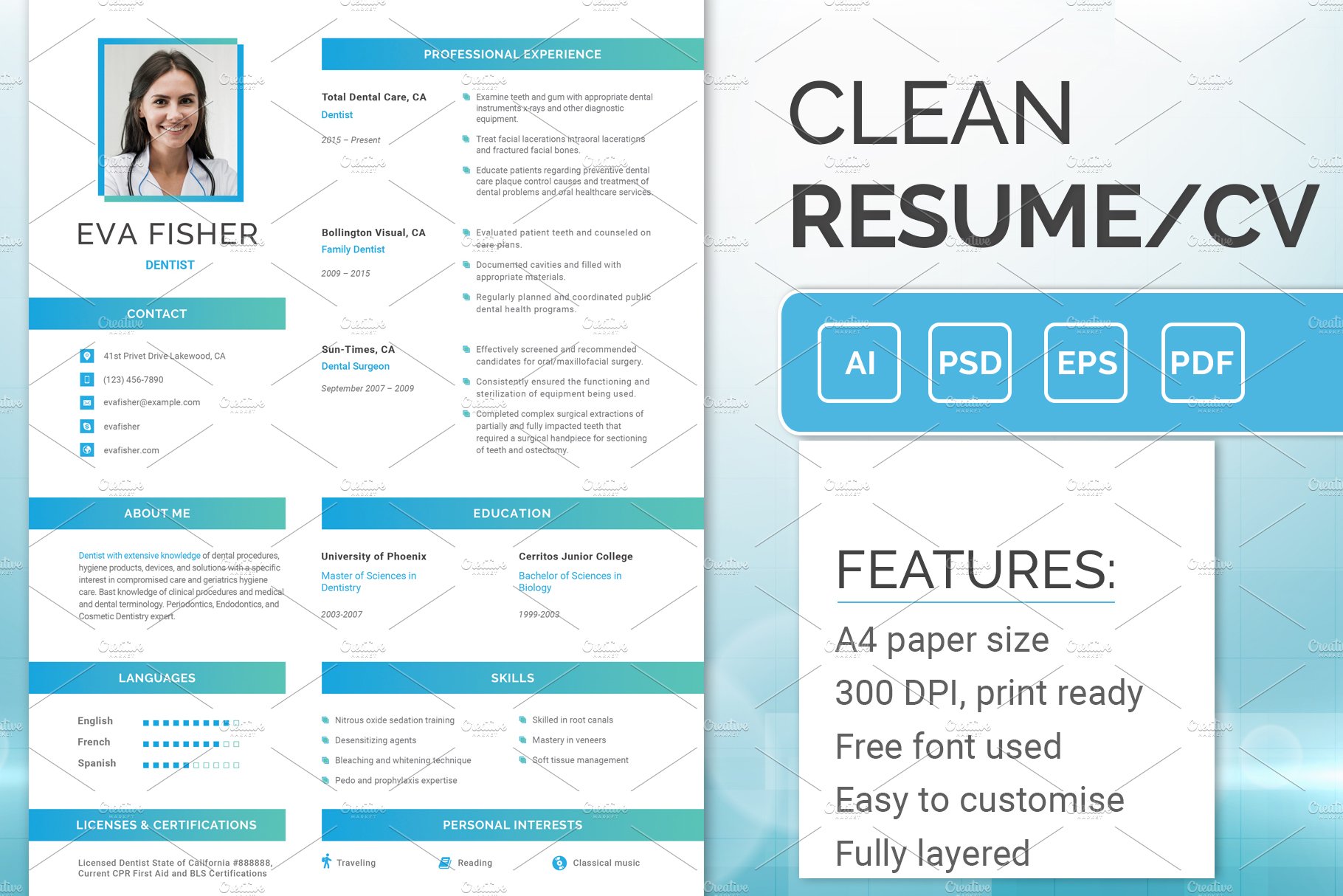 Printable Resume for Dentist preview image.