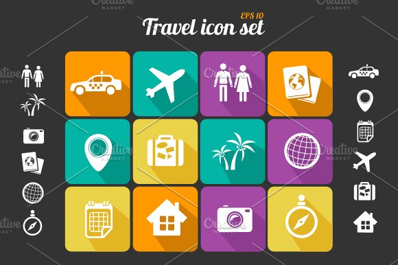 Travel icons set. Black white preview image.