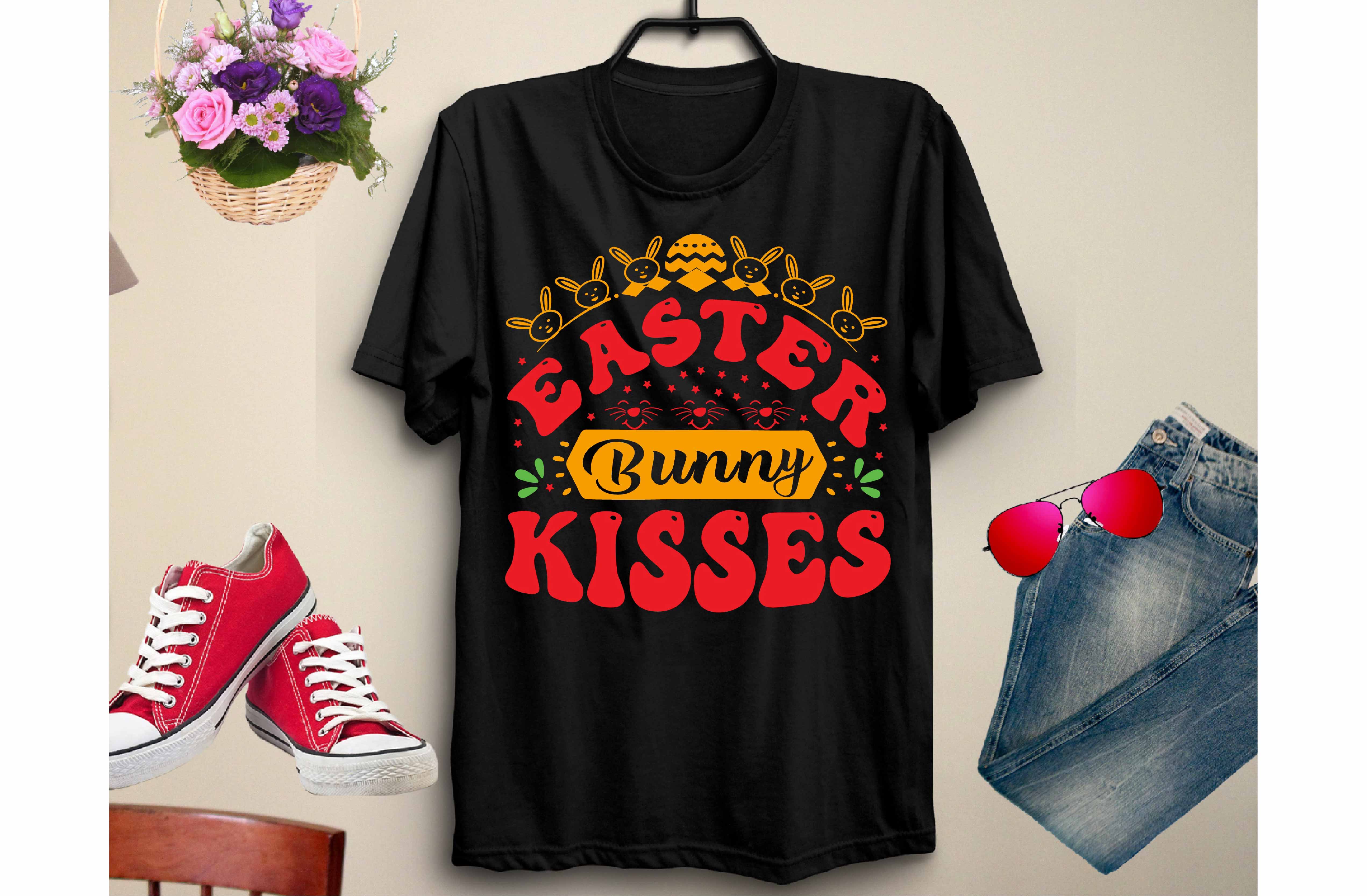 T - shirt that says easter bunny kisses on it.