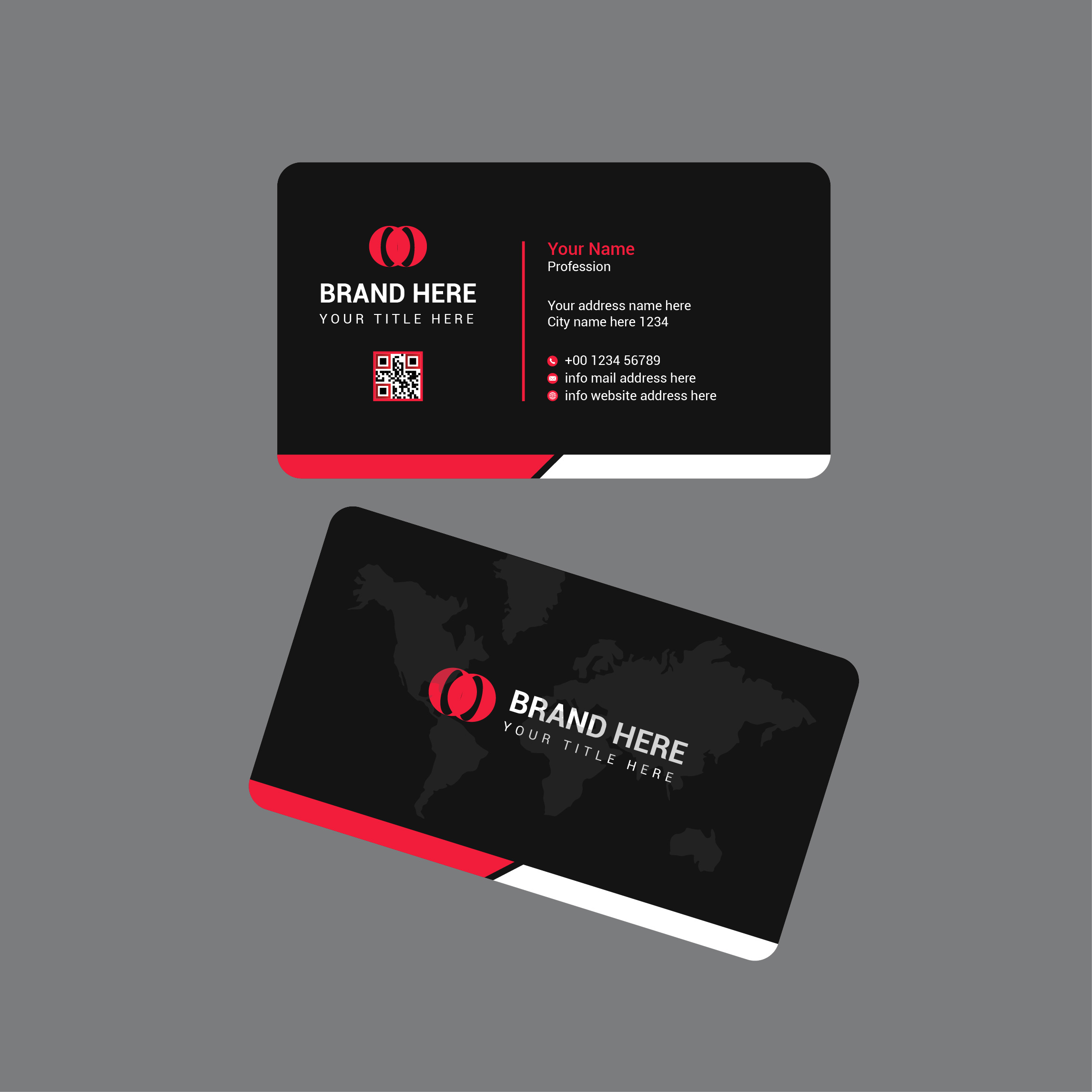 Black and red business card with a world map on it.