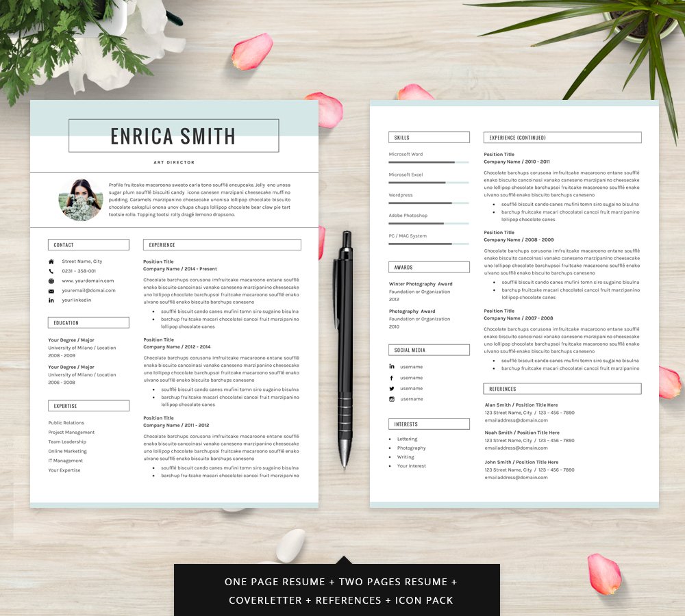 Professional resume template with flowers and a pen.