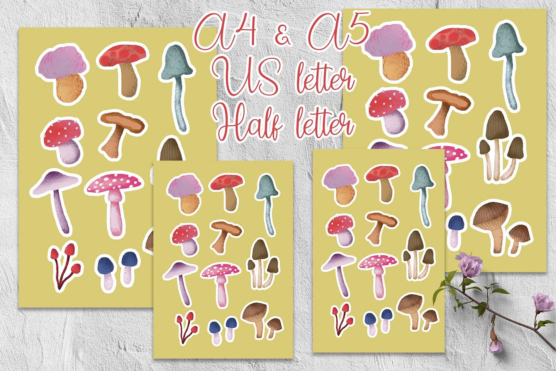 Set of four stickers with different types of mushrooms.