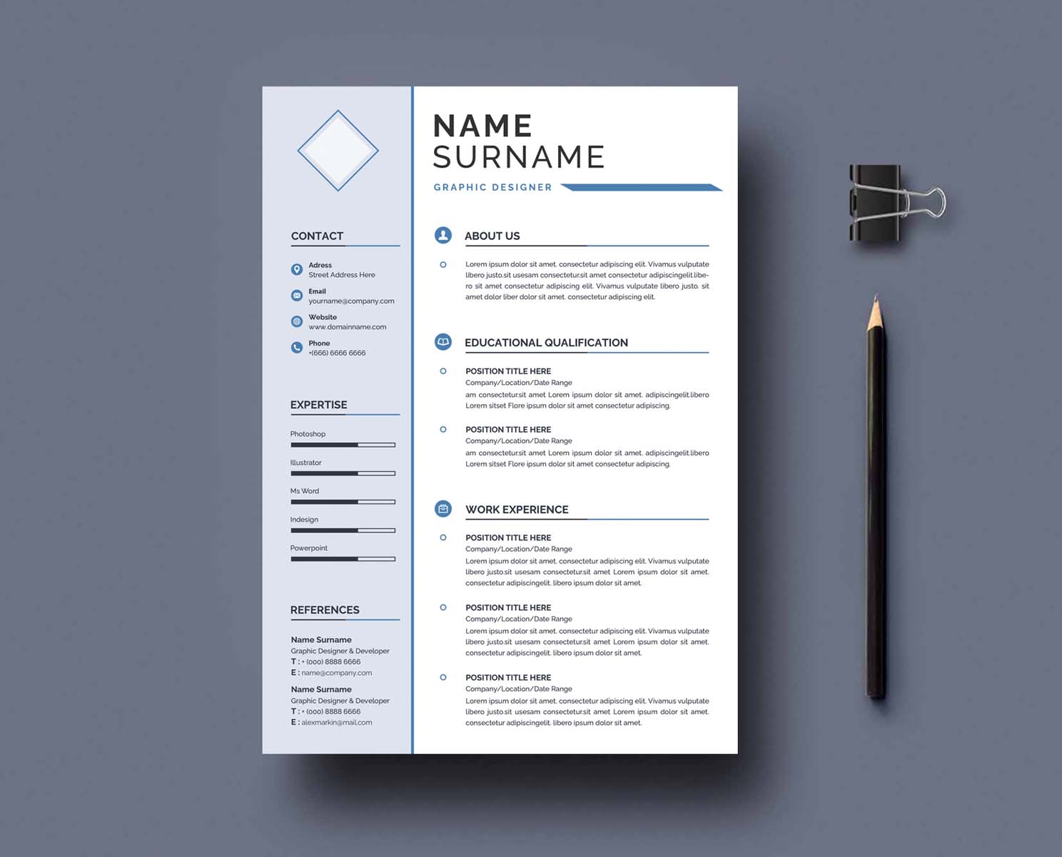 Blue and white resume with a pencil.