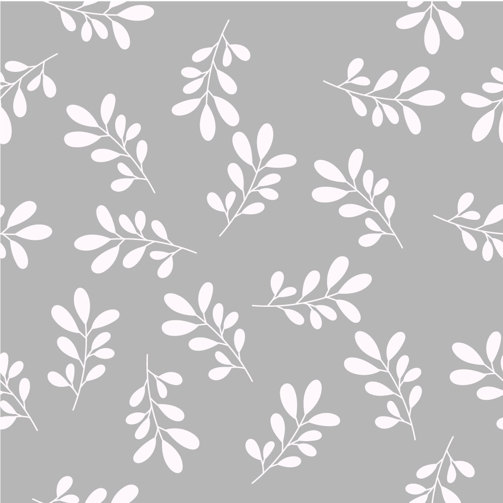 Gray and white wallpaper with leaves.