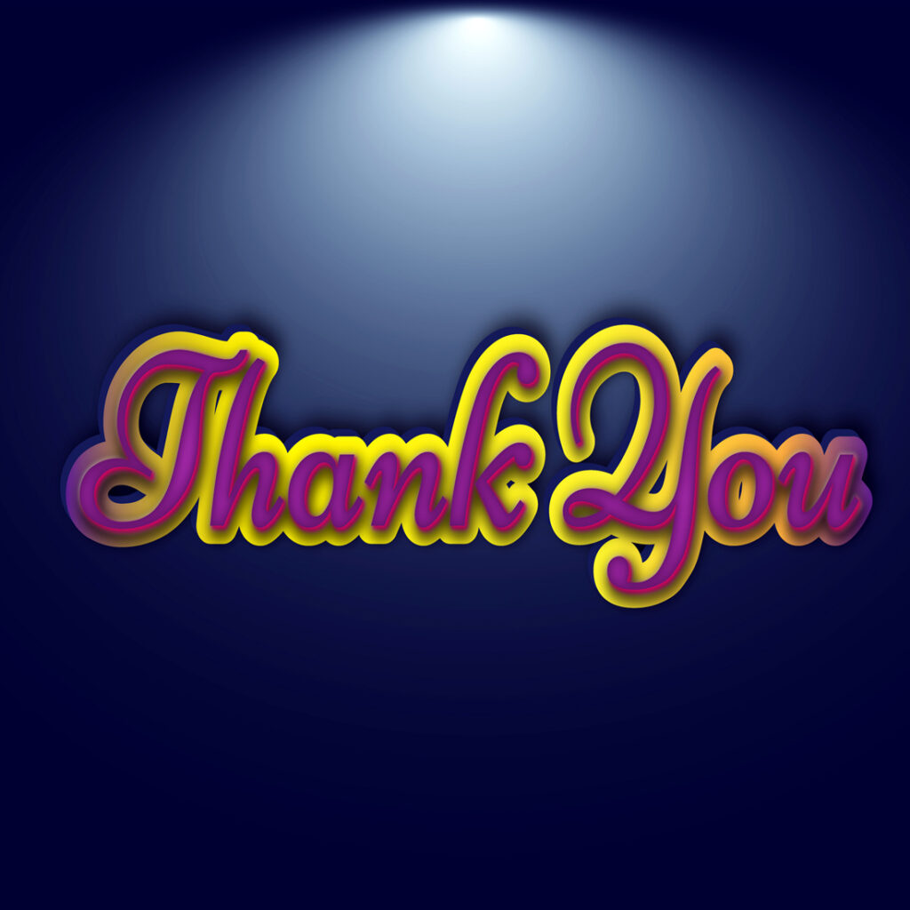 A blue background with the words thank you in yellow and purple 3d text ...