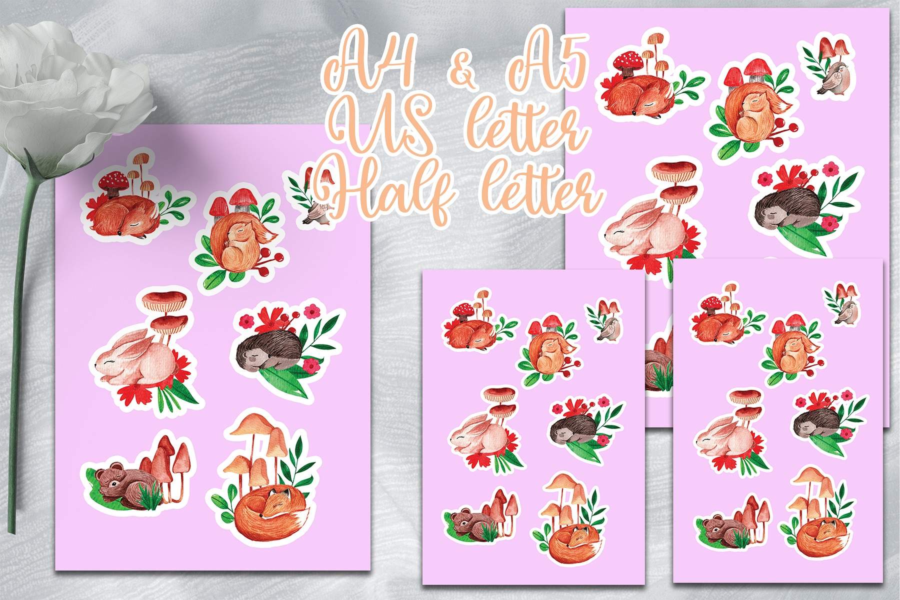 Set of stickers with animals and flowers.