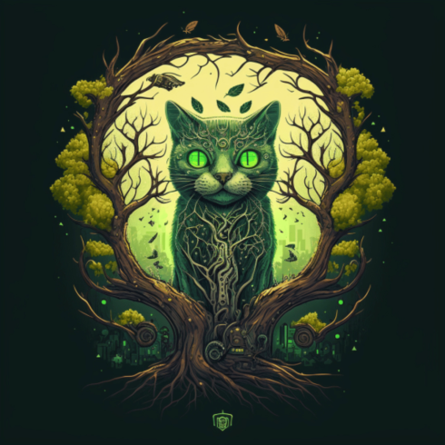 Сyber cat in the tree cover image.