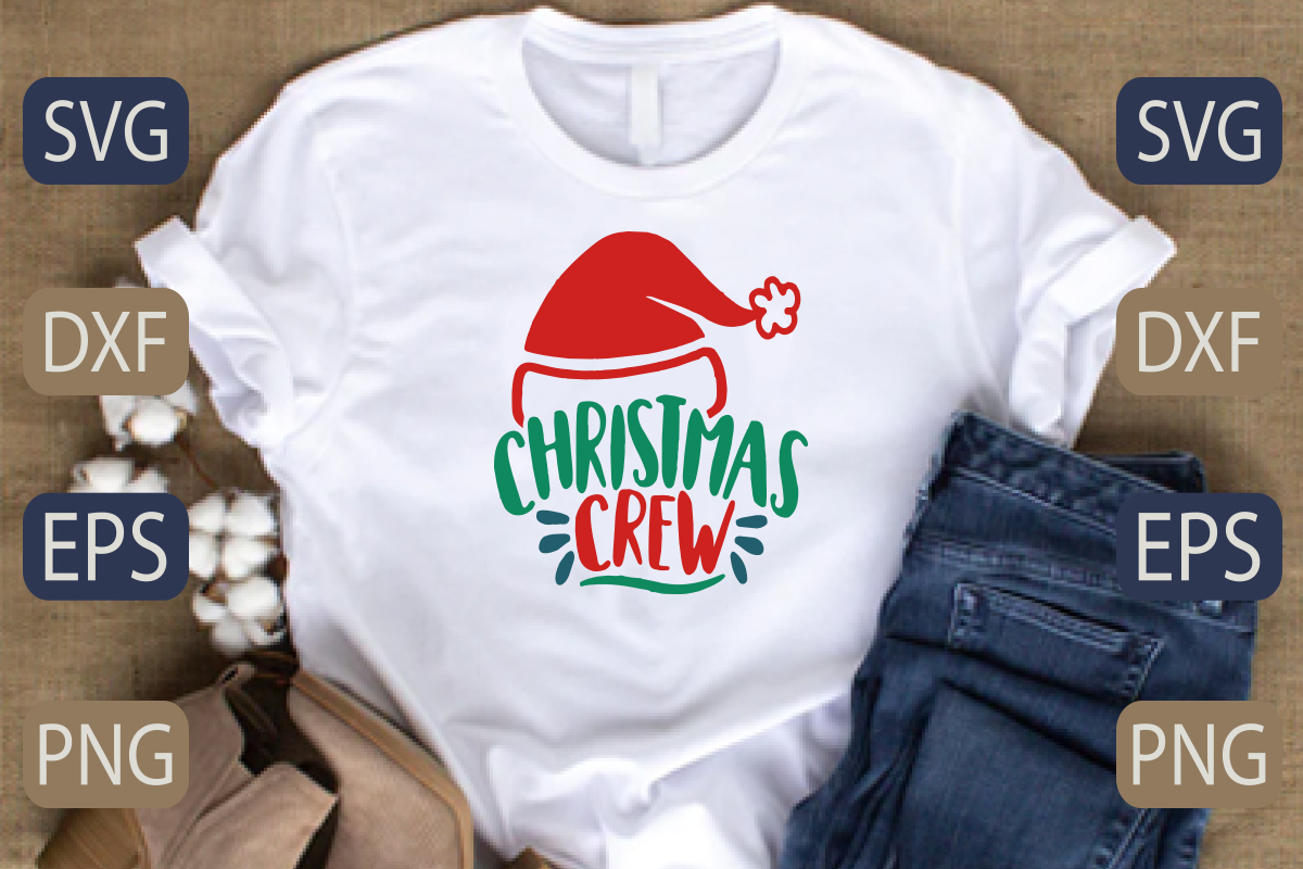 T - shirt that says christmas crew with a santa hat on it.