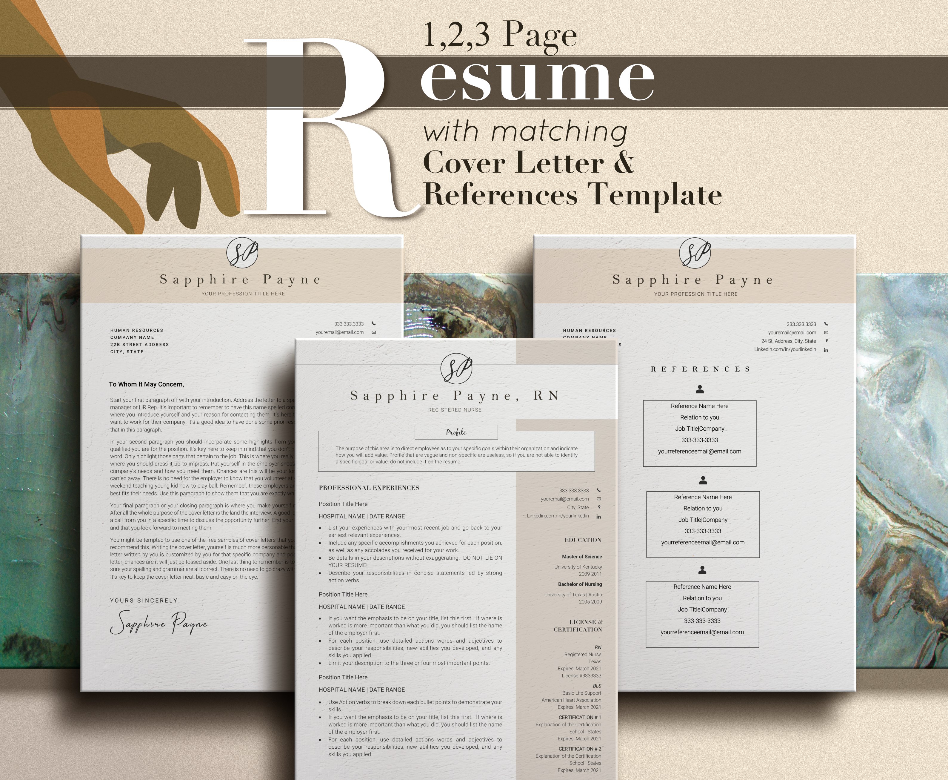 Set of three resumes with a hand on top of them.
