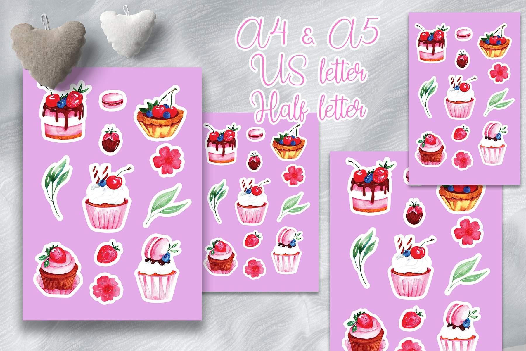 Set of stickers with a cupcake and cherries on them.