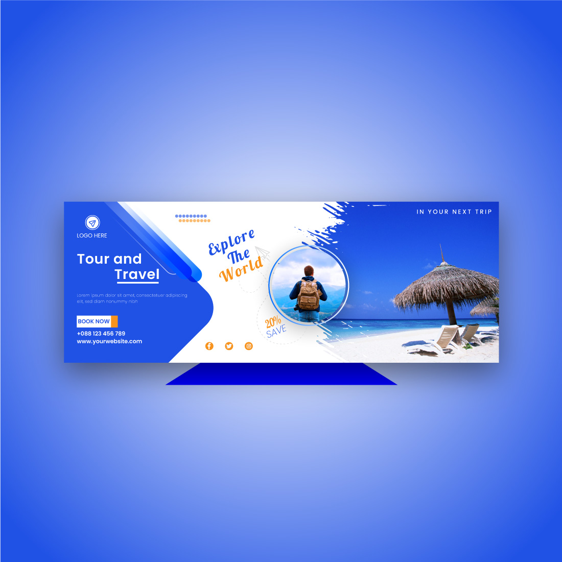 Blue banner with a picture of a woman on the beach.
