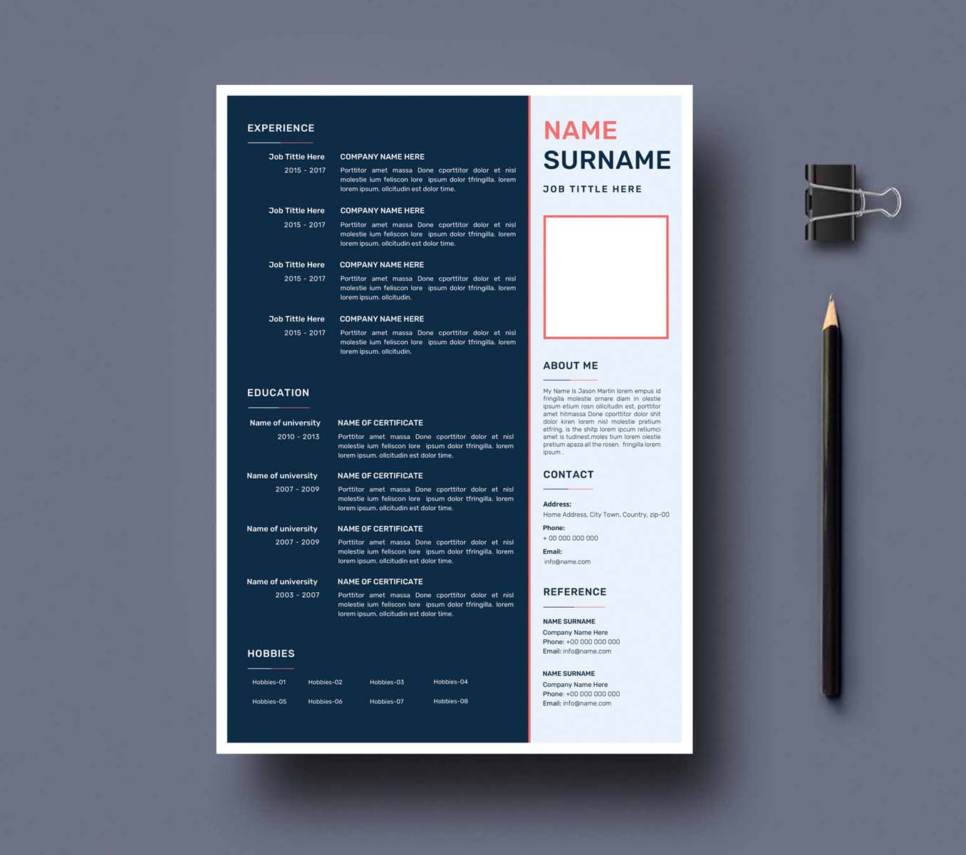 Blue and red resume template with a pencil.