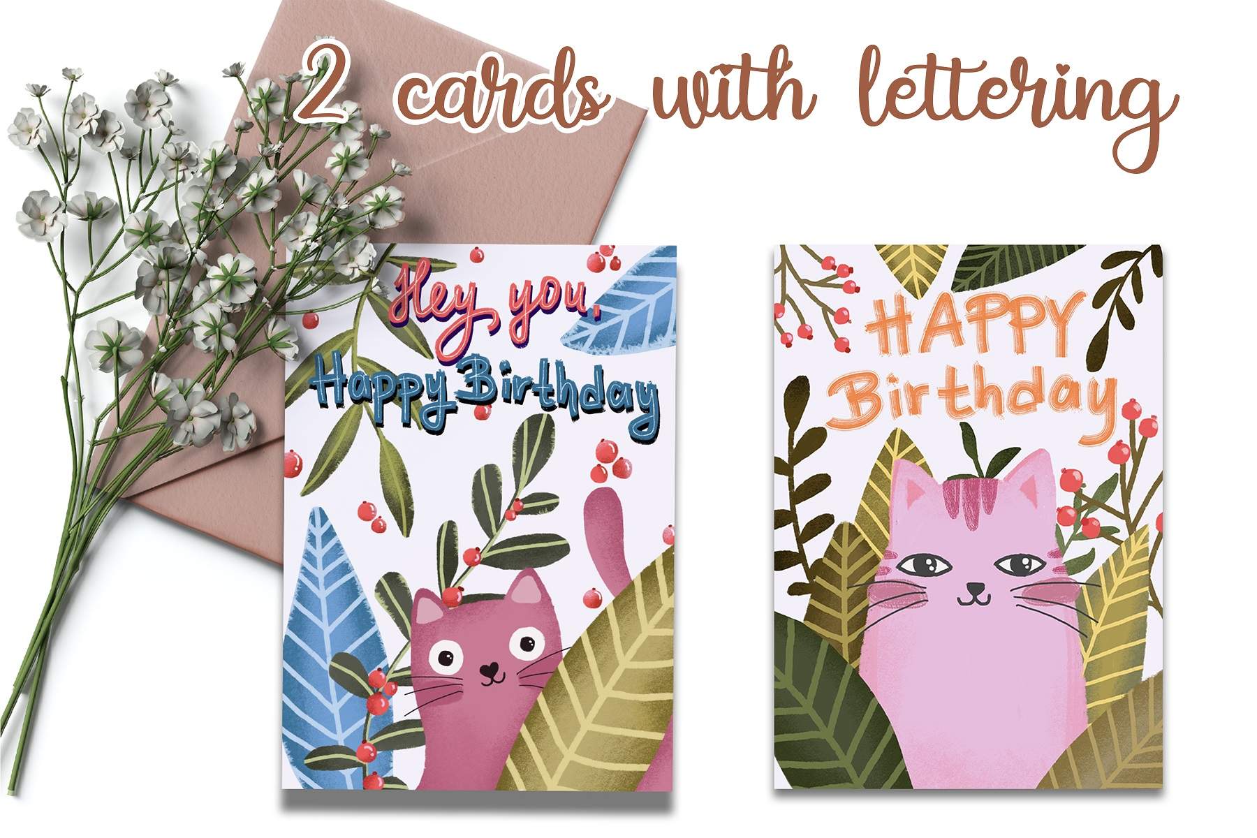 Two cards with the words happy birthday written on them.