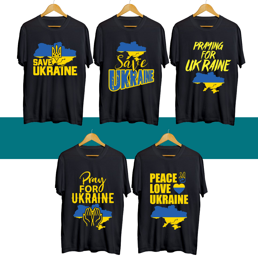 Four t - shirts that say peace love ukraine.