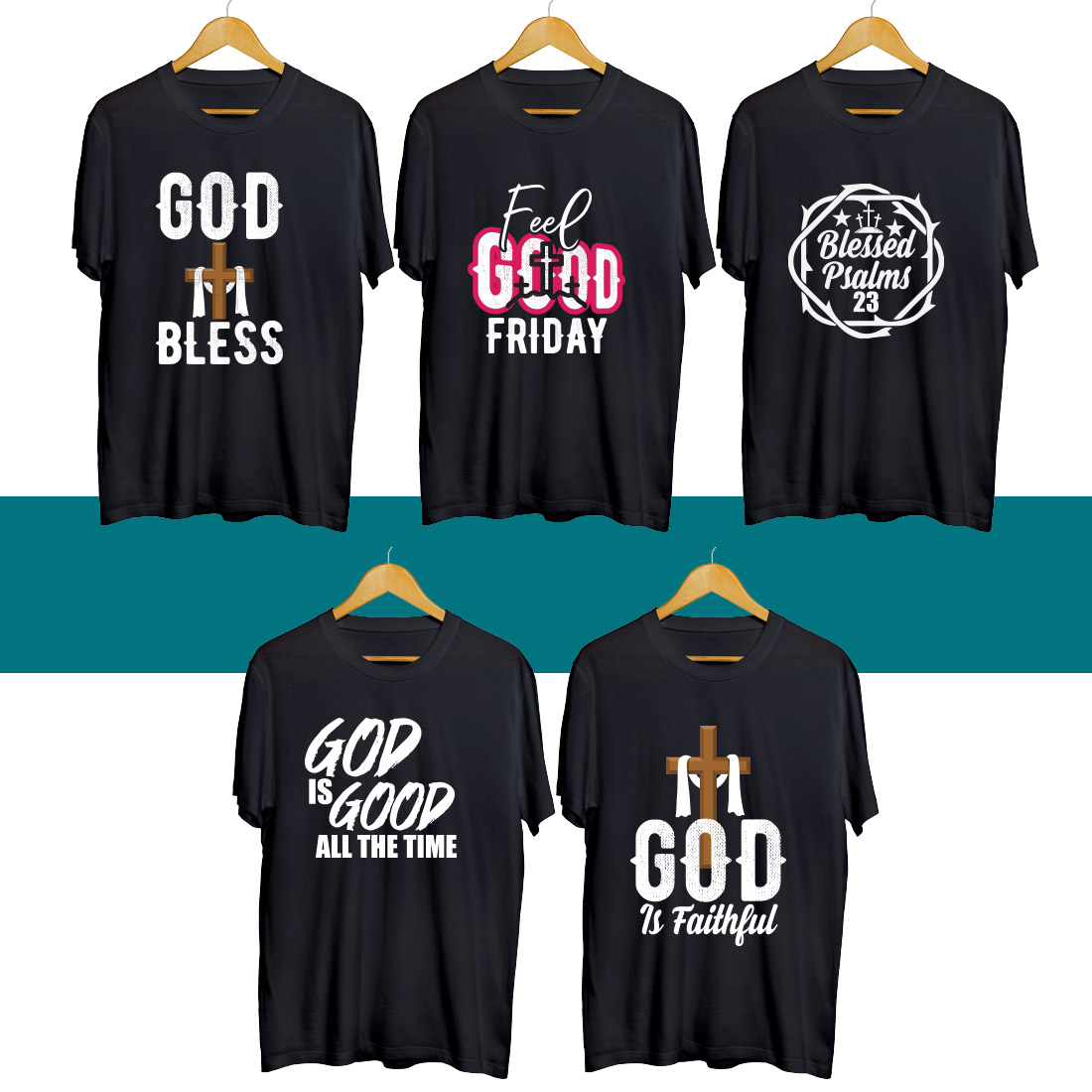 Four t - shirts with the words god is good and god is good on them.