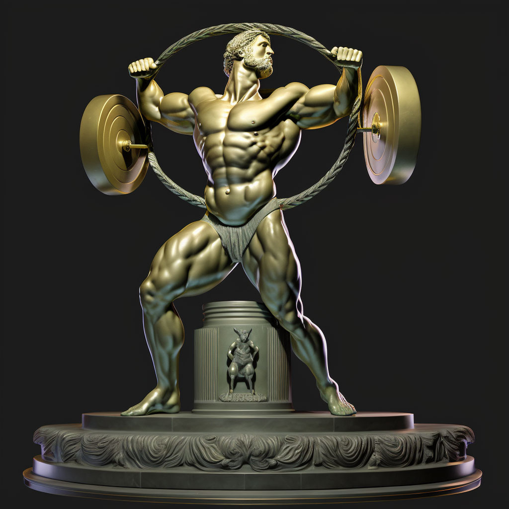 Statue of a man holding a barbell.