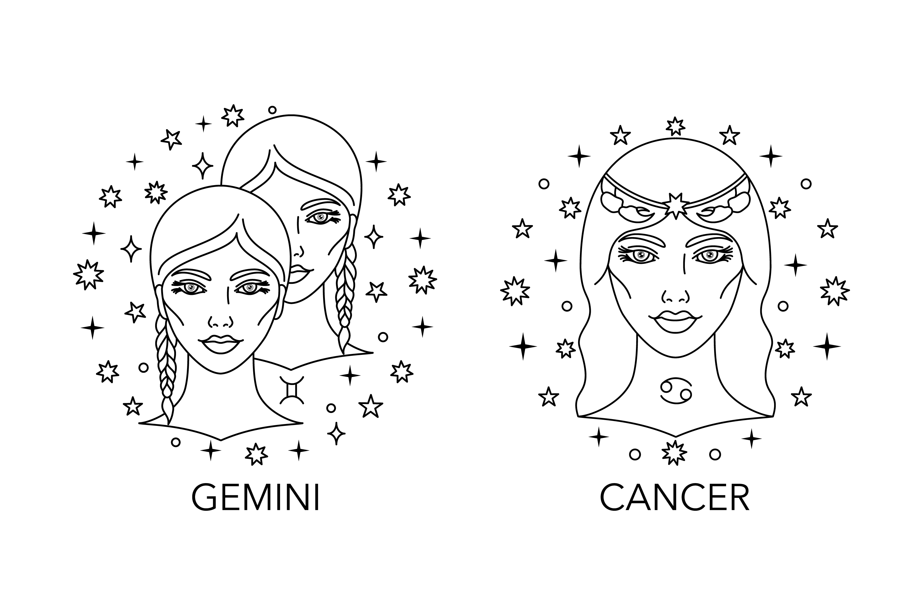 Line drawing of two women's faces with stars in the background.