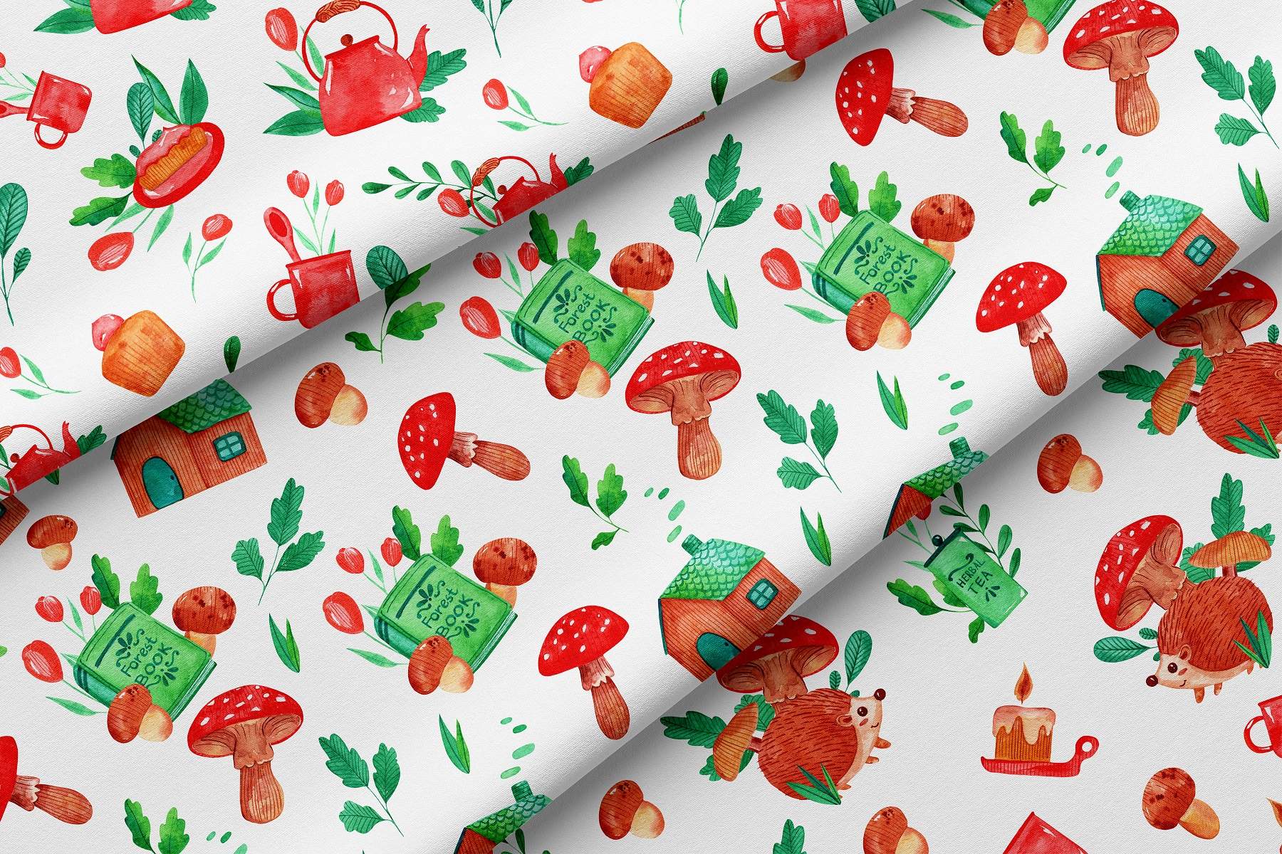 White background with a pattern of red and green objects.