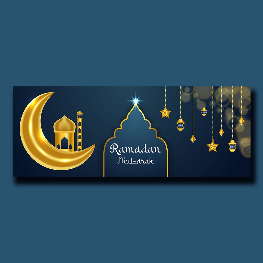 Ramadan Mubarak Social Media Cover Banner With 3d Lantern And Islamic Elements preview image.