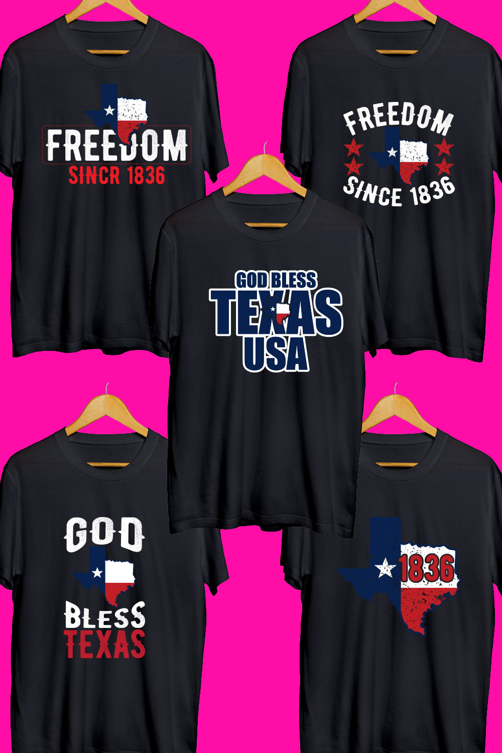 Texas Day SVG T Shirt Designs Bundle pinterest preview image.