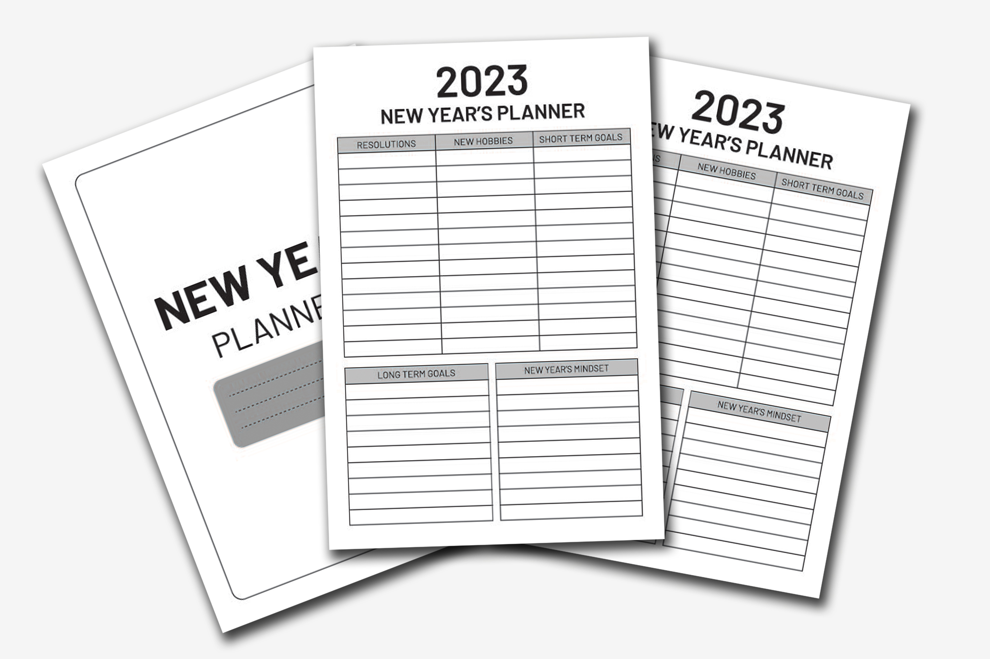 Three new year planner pages on a white background.