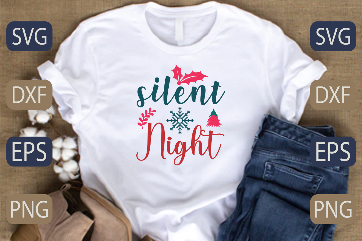 White shirt with the words silent night on it.
