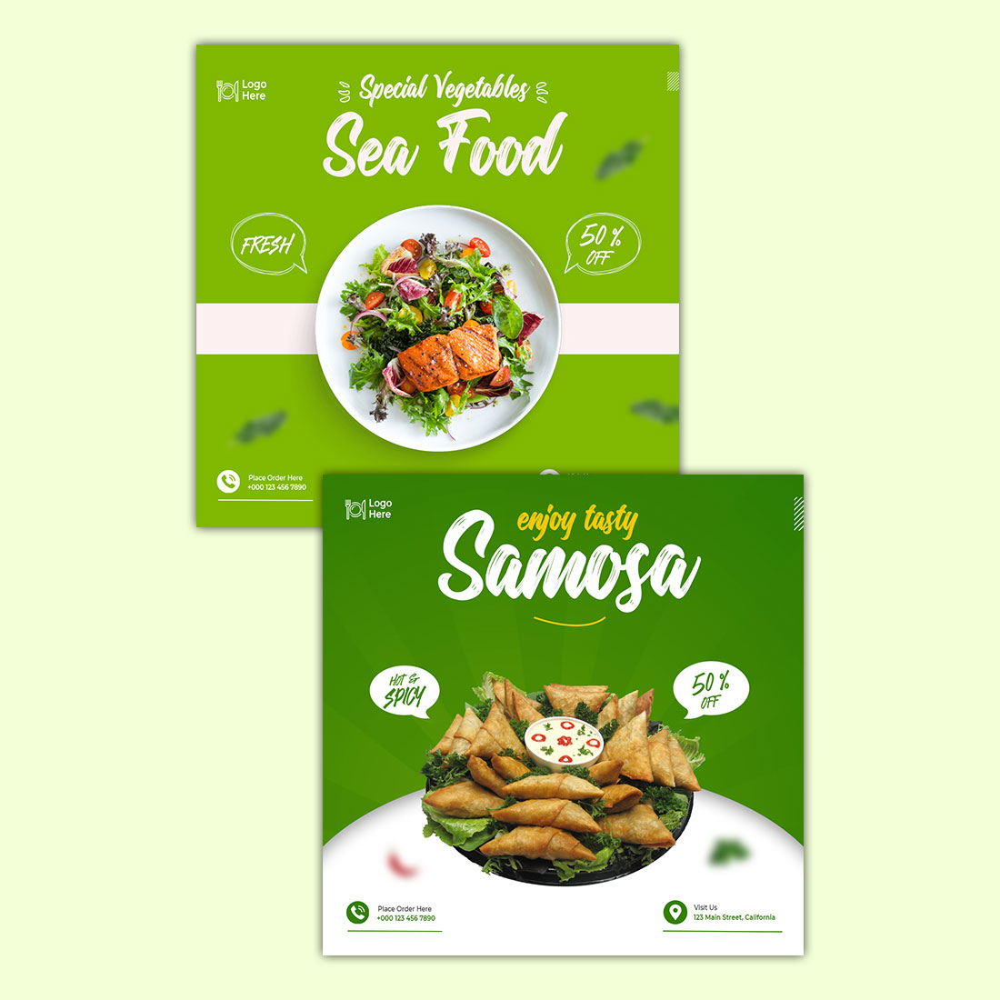Two Green Food Menu Social Media Posts And Instagram Banner Templates preview image.