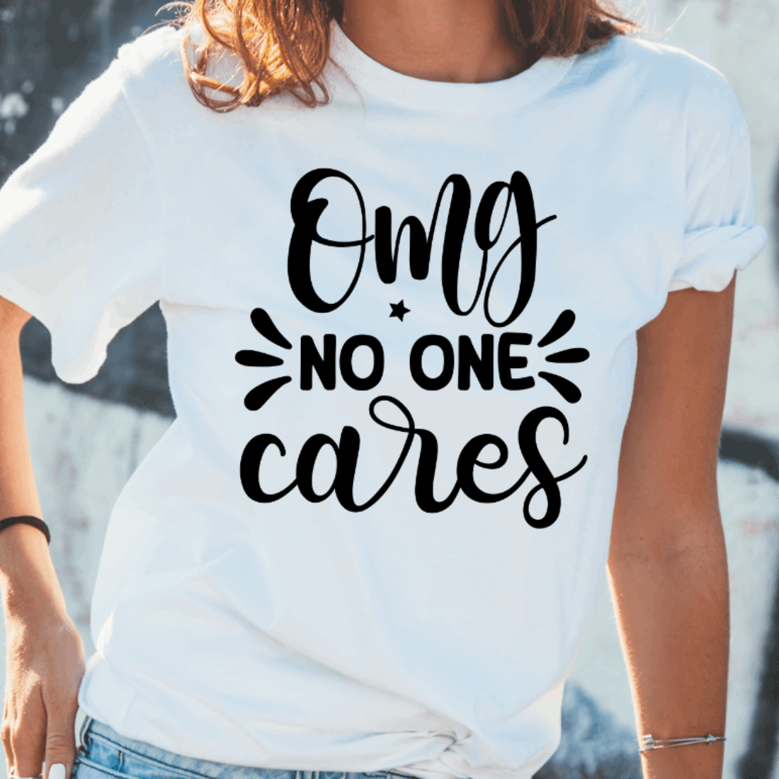 Woman wearing a t - shirt that says one no one cares.