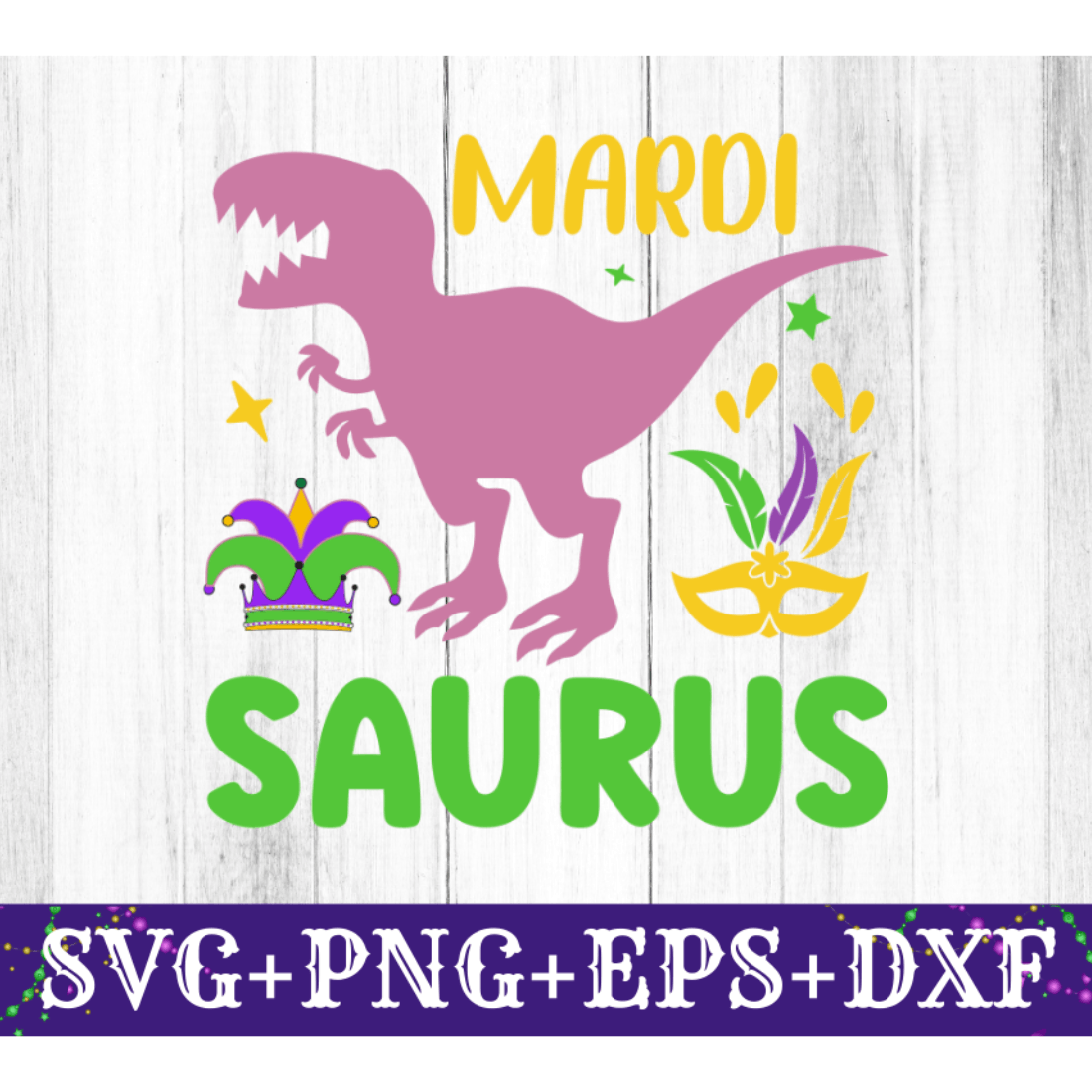 Pink dinosaur with a crown on it and the words mardi saurus.