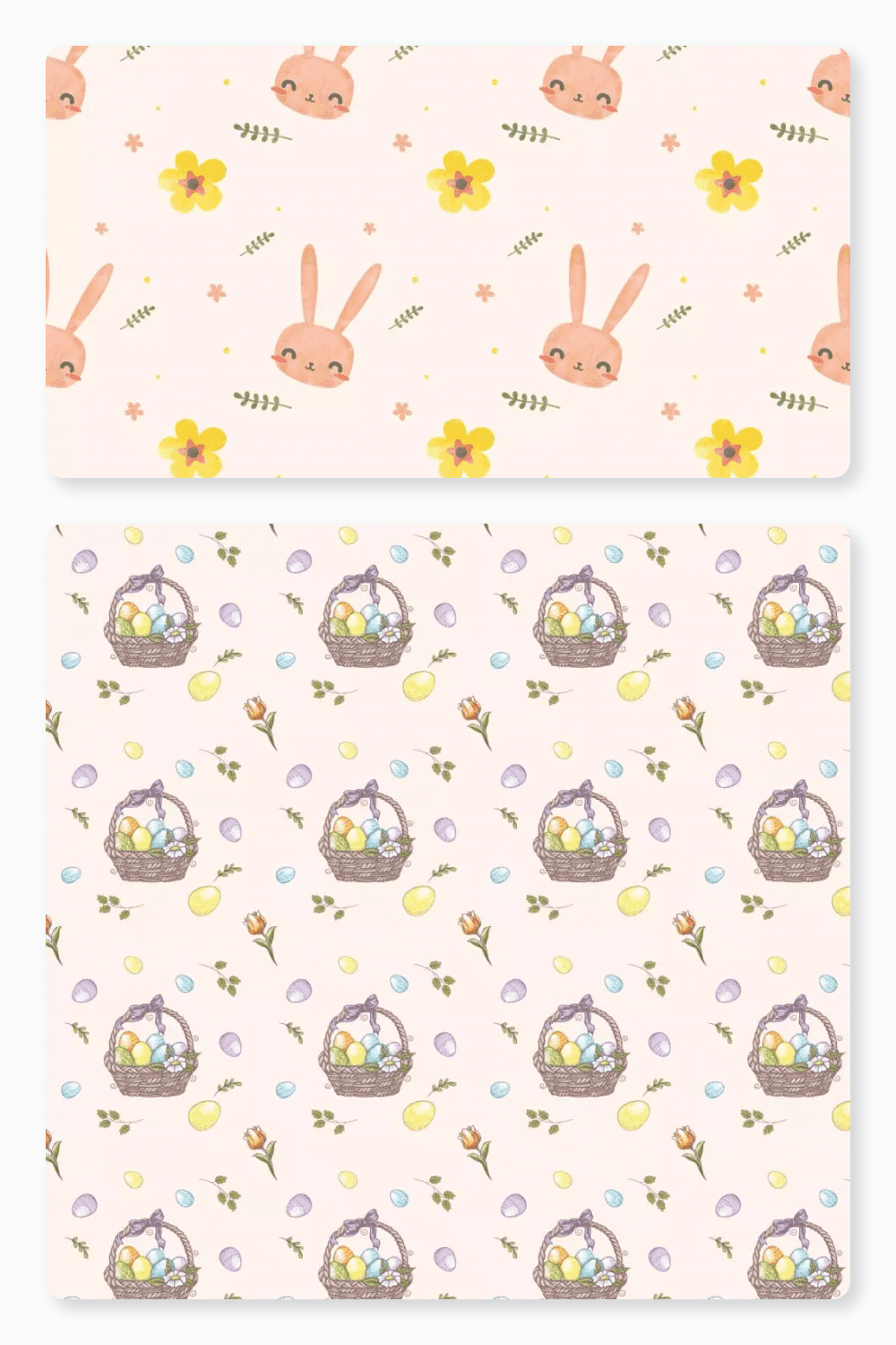 Collage of patterns depicting a rabbit, flowers, eggs and an Easter basket.