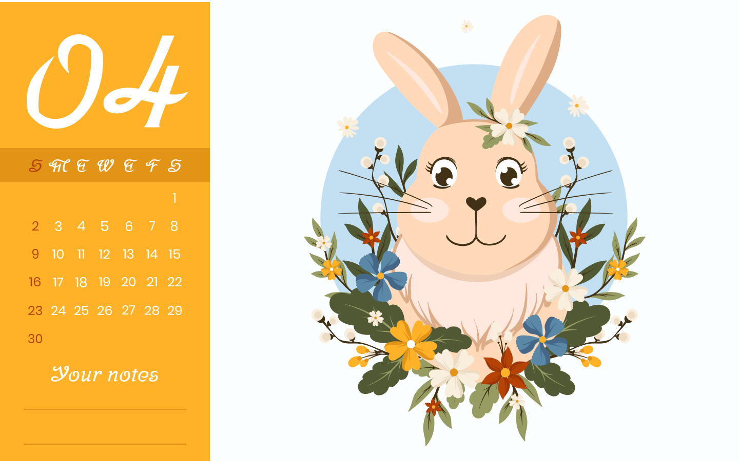 Calendar with a rabbit and flowers on it.