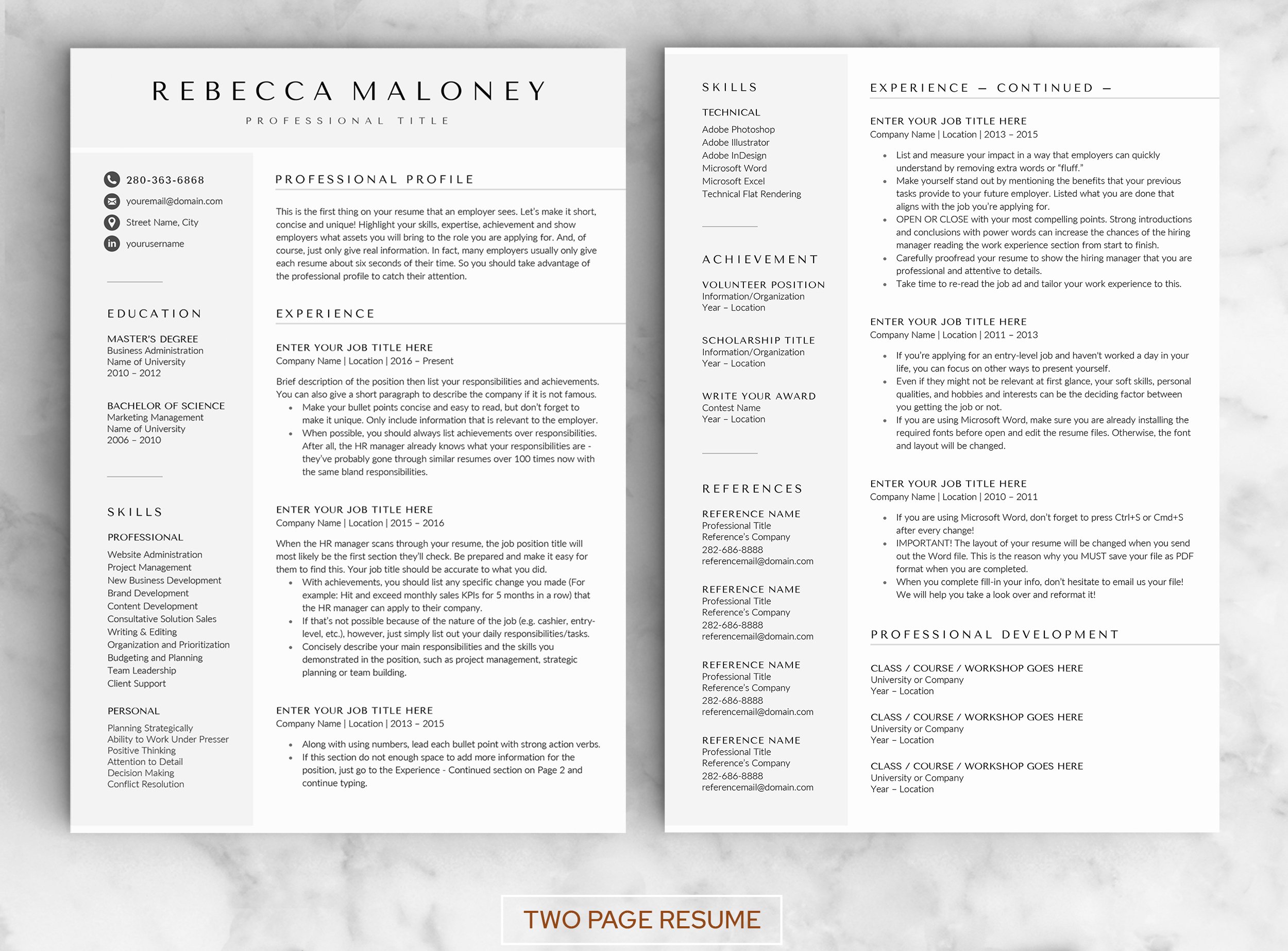 Professional resume template with two pages.