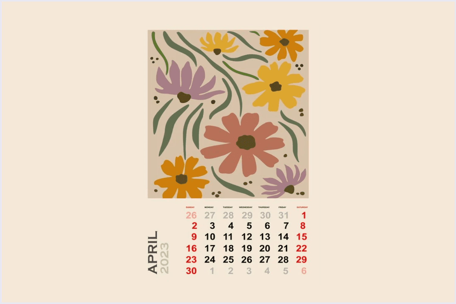 Floral calendar template for April 2023 Vertical design with abstract Daisy flowers.