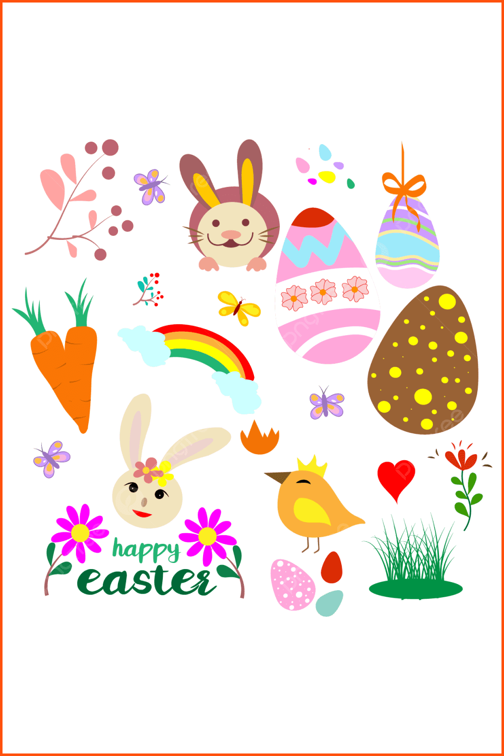 Collage of drawn rabbits, eggs, carrots, flowers, rainbows and birds.